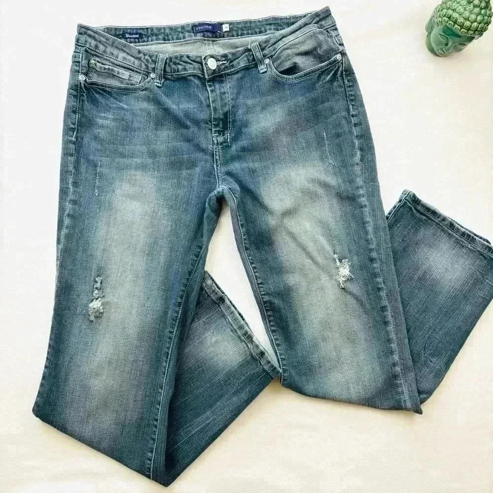 Vigoss Med Wash Lowrise Faded Distress Rhinestone Pocket Bootcut Jeans Size 15